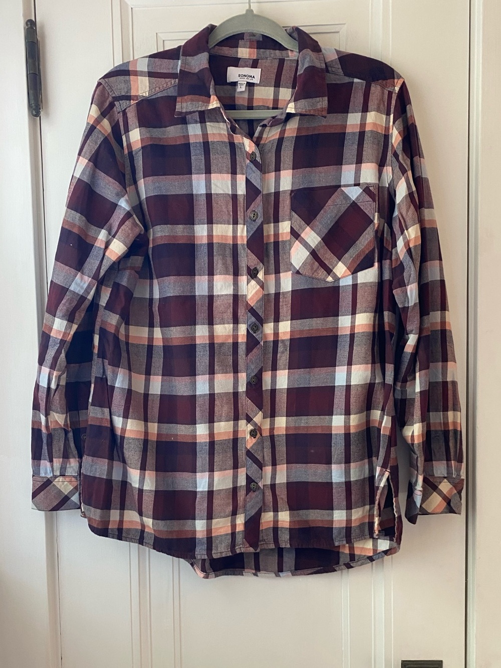 Kohls Sonoma brand plaid brushed cotton button down shirt L. Maroon peach blue